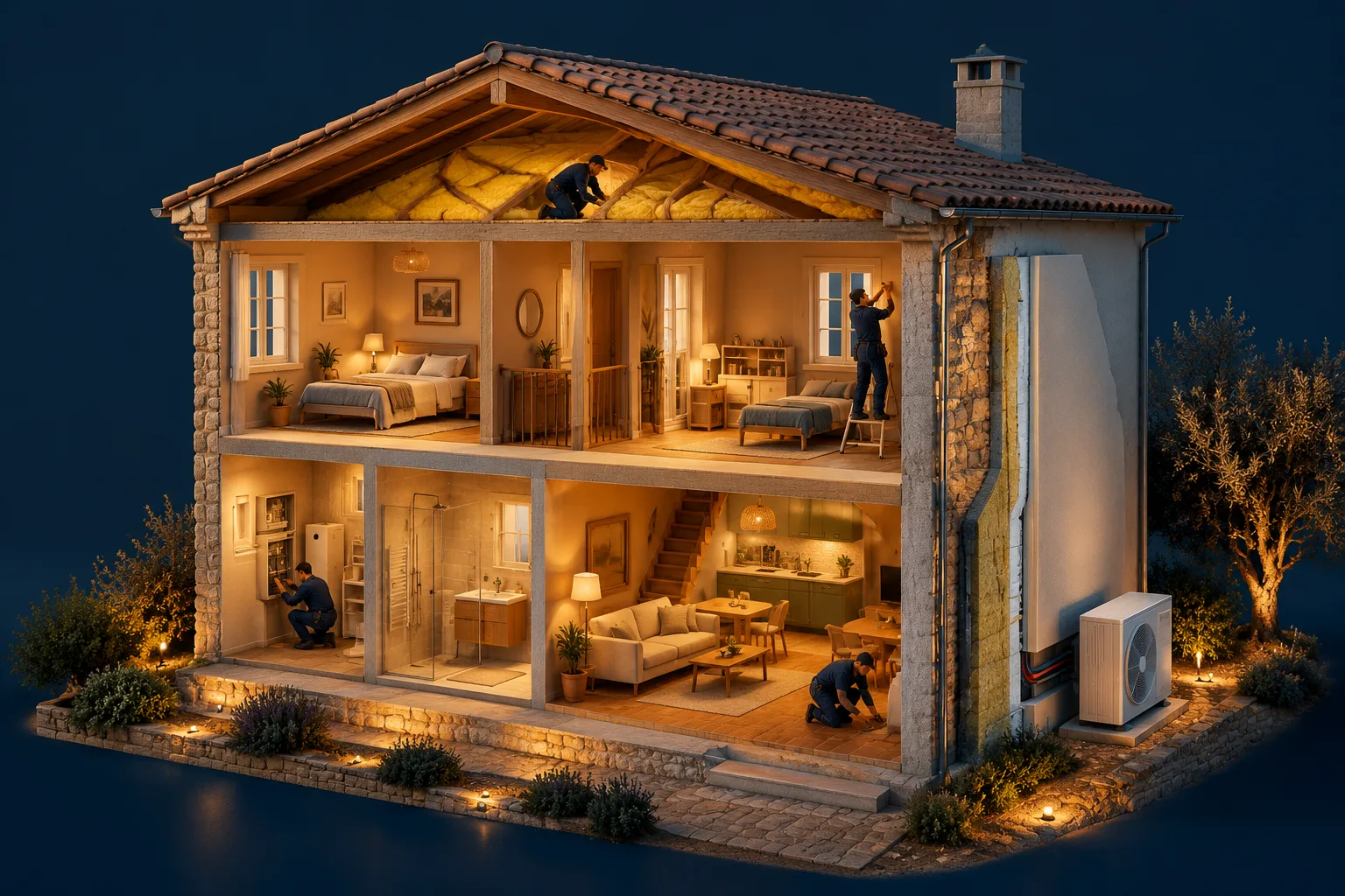 Maison marseillaise en coupe : combles, murs, chauffage, fenêtres, électricité, finitions